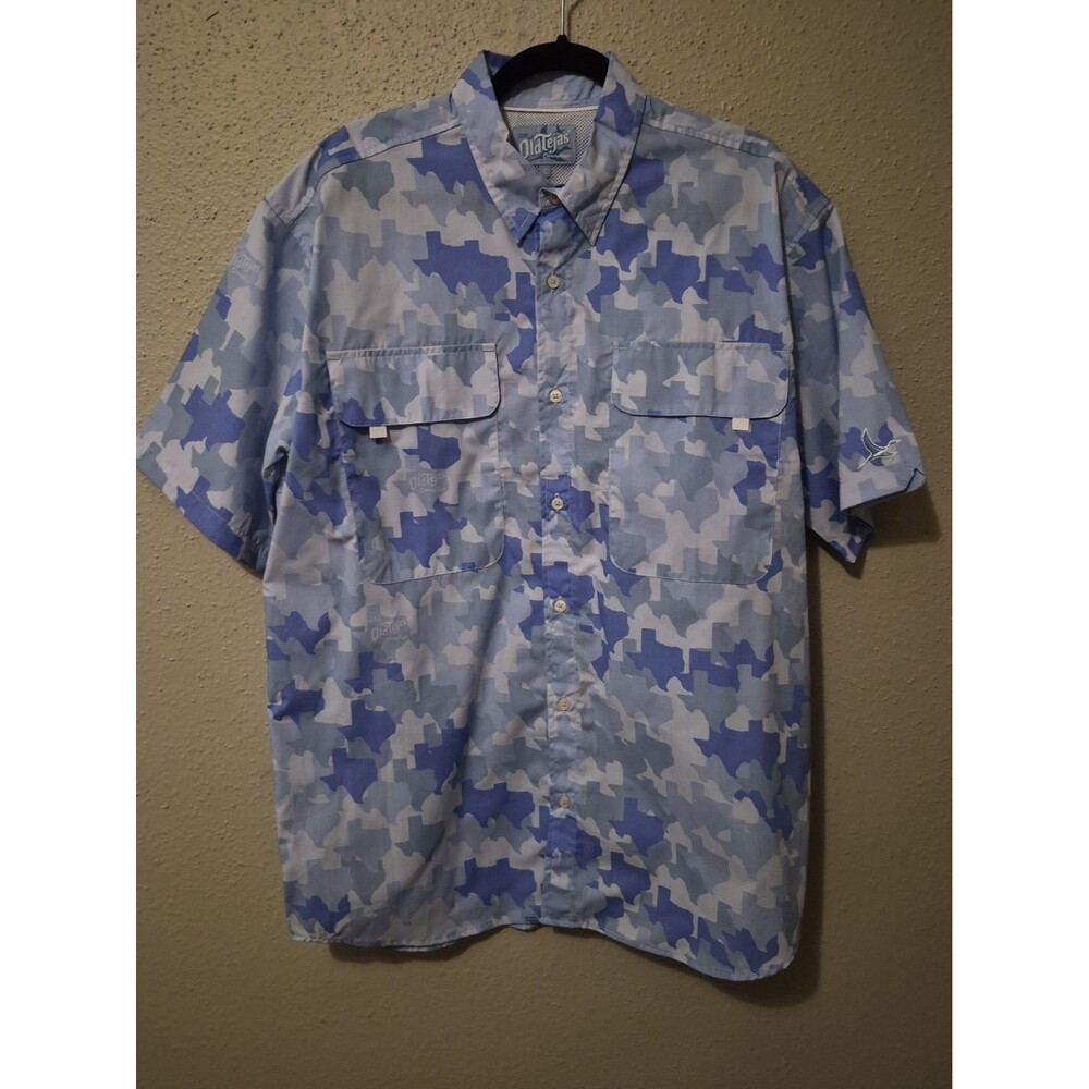 Old Tejas Shirt Mens L Blue Short Sleeve Texas Camo Print Fishing Shirt L
